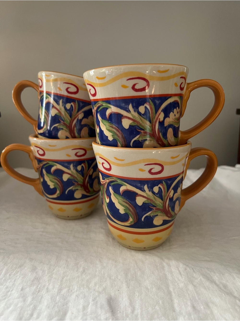 Pfaltzgraff Hand-Painted Floral Mugs in Blue, Orange and Cream
